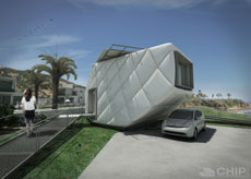 Illustration of CHIP on the California coast. A car is parked on a concrete pad beneath the house's car port.