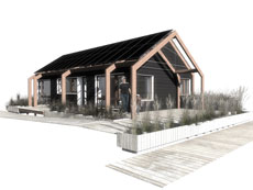 Illustration of 4D Home. A man and child walk on the deck outside.