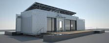 Illustration of the Lumenhaus, which is a gray rectangular building. On the near wall are sliding glass walls and translucent photovoltaic panels. Mounted to the flat roof is a tilted PV array. A deck surrounds the exterior and incorporates water pools.